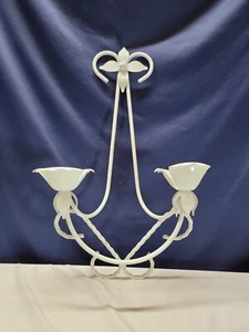 Vintage Mid Century Kerzenständer Tole Stil weiß Emaille Blumen - Bild 1 von 6