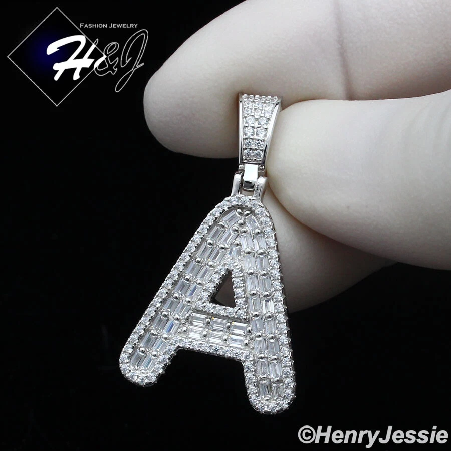 MEN WOMEN 925 STERLING SILVER ICY BAGUETTE CZ 3D 26 INITIAL LETTERS PENDANT*S412 - Image 1 of 1