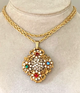 Vintage Signed Miriam Haskell Filigree Rhinestone Floral Pendant - Picture 1 of 16