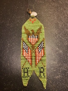 1926 Antique Beaded Folk Art Watch Fob Americana Eagle W/Flags Green Background - Picture 1 of 3