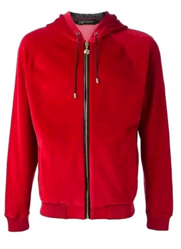 Versace Felpa con Cappuccio in Velluto con Rifiniture in Pelle Medusa Testa e Tasche