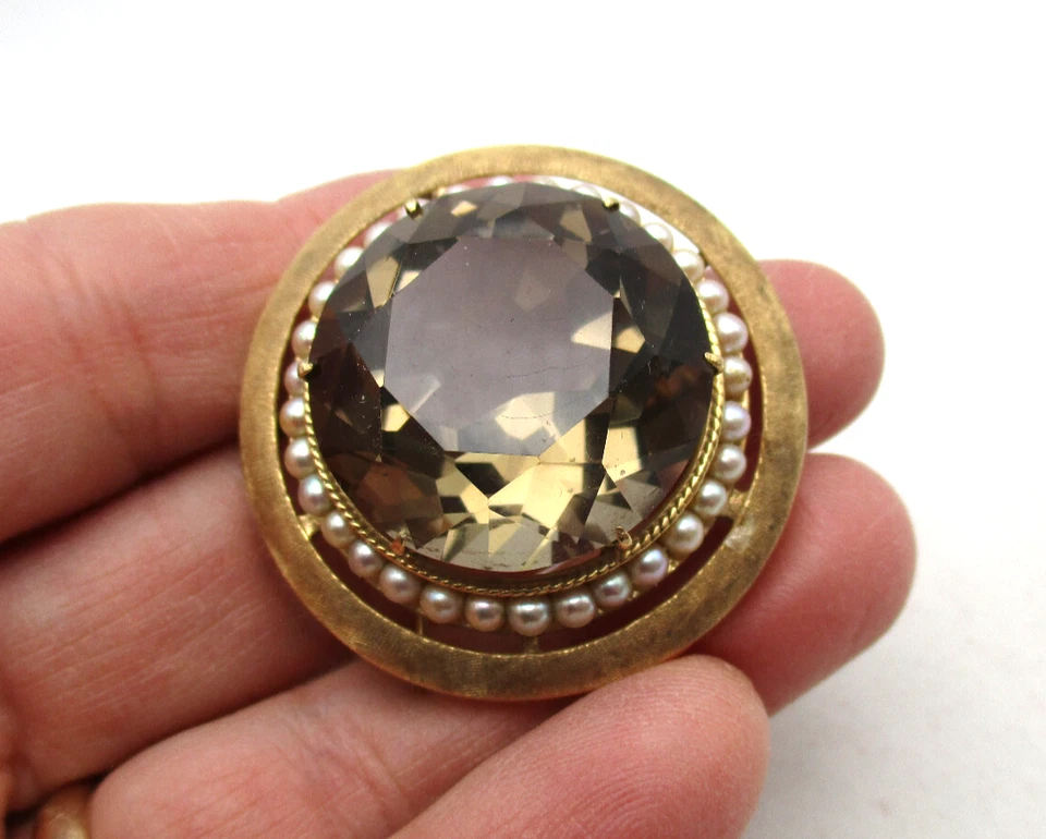 14K 纯金棕色烟熏黄玉珍珠胸针 [PI 5] — 第 1/1 张图片