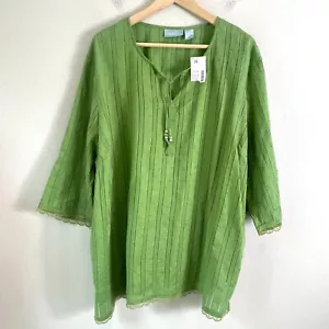 NEW Liz & Me Woman Plus 2X Green Front Neck Tie Tunic Top 3/4 Sleeve Lightweight - Picture 1 of 10