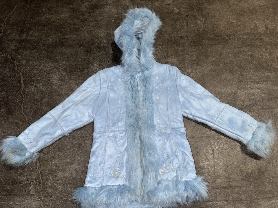 Big Chill Y2K Blue Fur Lined Penny Lane Suede Coat Blue Floral Embroidered 7/8 - Image 1 of 4