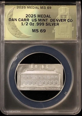 Medalla de plata Dan Carr Denver CO 2025 1/2 OZ ANACS MS 69 como nueva de Estados Unidos - Imagen 1 de 4
