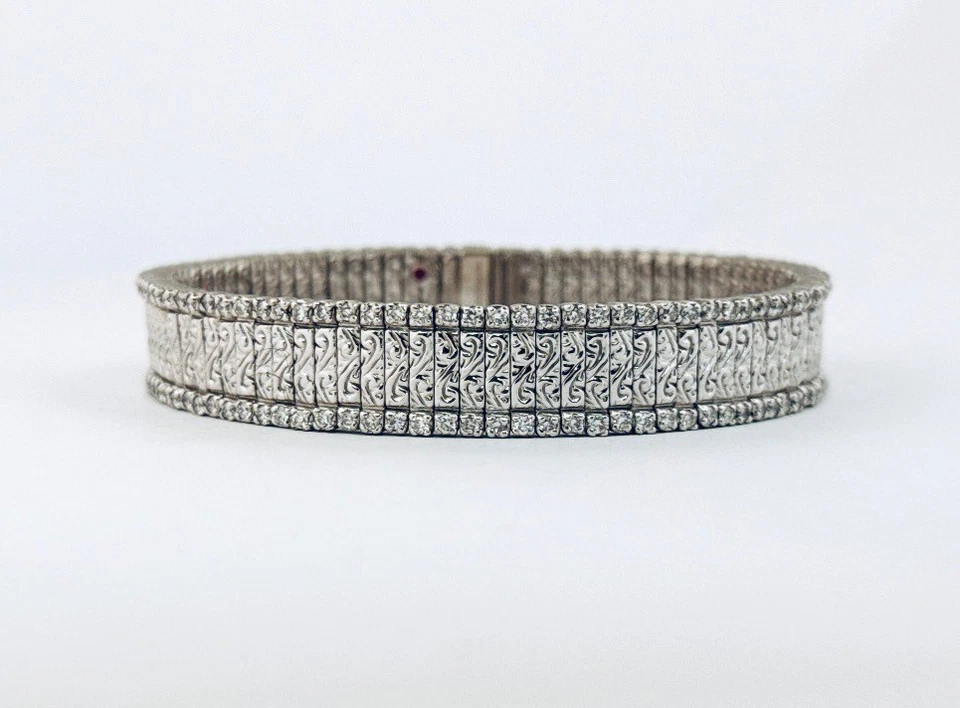 Pulsera elástica Roberto Coin vintage italiana de oro blanco de 18k con eslabones grabados Foto 1 de 4