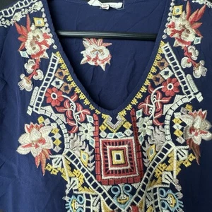 Top tunica solitario manica 3/4 boho hippi XL blu navy rayon ricamato - Foto 1 di 9