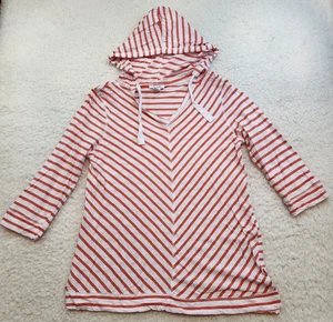 Tribal Hooded 3/4 Sleeve Tunic Top M Red White Stripes Vneck Coastal Cover Up - Picture 1 of 10