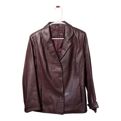 Blazer De Colección Jaclyn Smith Clásico Para Mujer Borgoña Cuero Vino Abotonado Talla M Foto 1 de 4