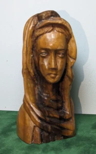Hand Carved Virgin Mary Bust 4.5" Statue Olive Wood Vintage Madonna Rare Unique - Picture 1 of 6