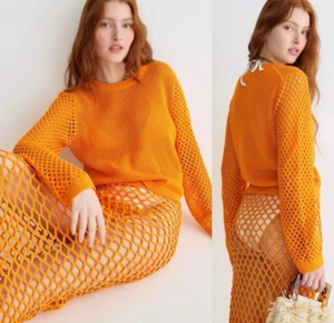 J.Crew Crochet Crewneck Beach Pullover Sweater Bright Orange Size Small NWT! - Picture 1 of 10