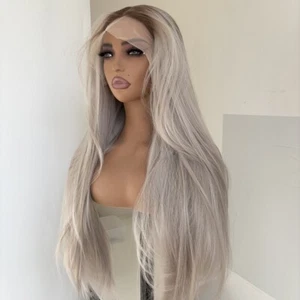 Frontal T Lace Wig Long Straight Ombre Silver Grey Heat Resistant Hair - Picture 1 of 9