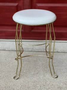 Vintage Mid Century Gold Metal Vanity Chair Stool Vinyl Seat Hollywood Regency - Picture 1 of 12