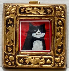 Cat Art Fraem Series Miniature Black & White Cat Oil Painting Japan Artists - Picture 1 of 22