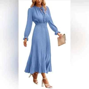 PrettyGarden Spring Fall Midi Dress Long Sleeve V-Neck Swiss Dot Pleated 2XL NWT - Picture 1 of 16