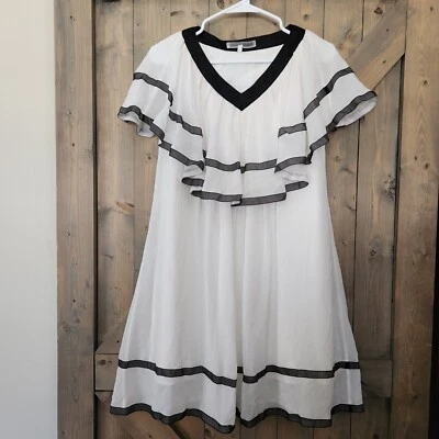 Vestido Tsumori Chisato Mediano Blanco Negro 100% Seda Volantes M Foto 1 de 4