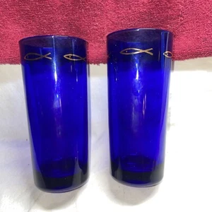 2) 5 1/2 “ Colbalt Blue Glasses From France #34 W/ Gold Fish Symbols Around Top - Picture 1 of 8