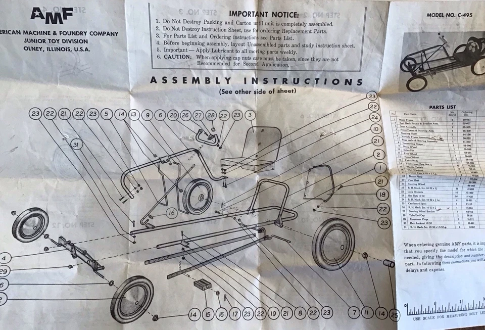 AMF Scat Child’s Pedal Car Instrucciones para Montaje Mediados de Siglo De Colección Raro Foto 1 de 1