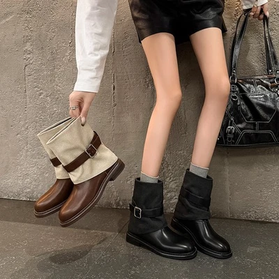 Botas retas retrô pretas fivela botas curtas planas botas ocidentais botas casuais - Imagem 1 de 4