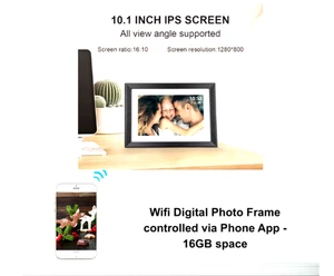 WiFi Black Wood Digital Photo Frame 10.1inch Touch Screen 16GB Christmas Gift - Picture 1 of 14