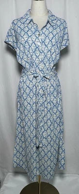 Lucky Brand Shirt Dress Midi 1X Short Cap Sleeve Belt Pockets Slits Button Blue - Image 1 of 4