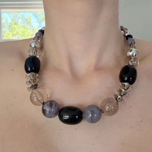 Chunky Black Grey Beaded Necklace 60 cm Adjustable 9 cm Retro - Picture 1 of 2