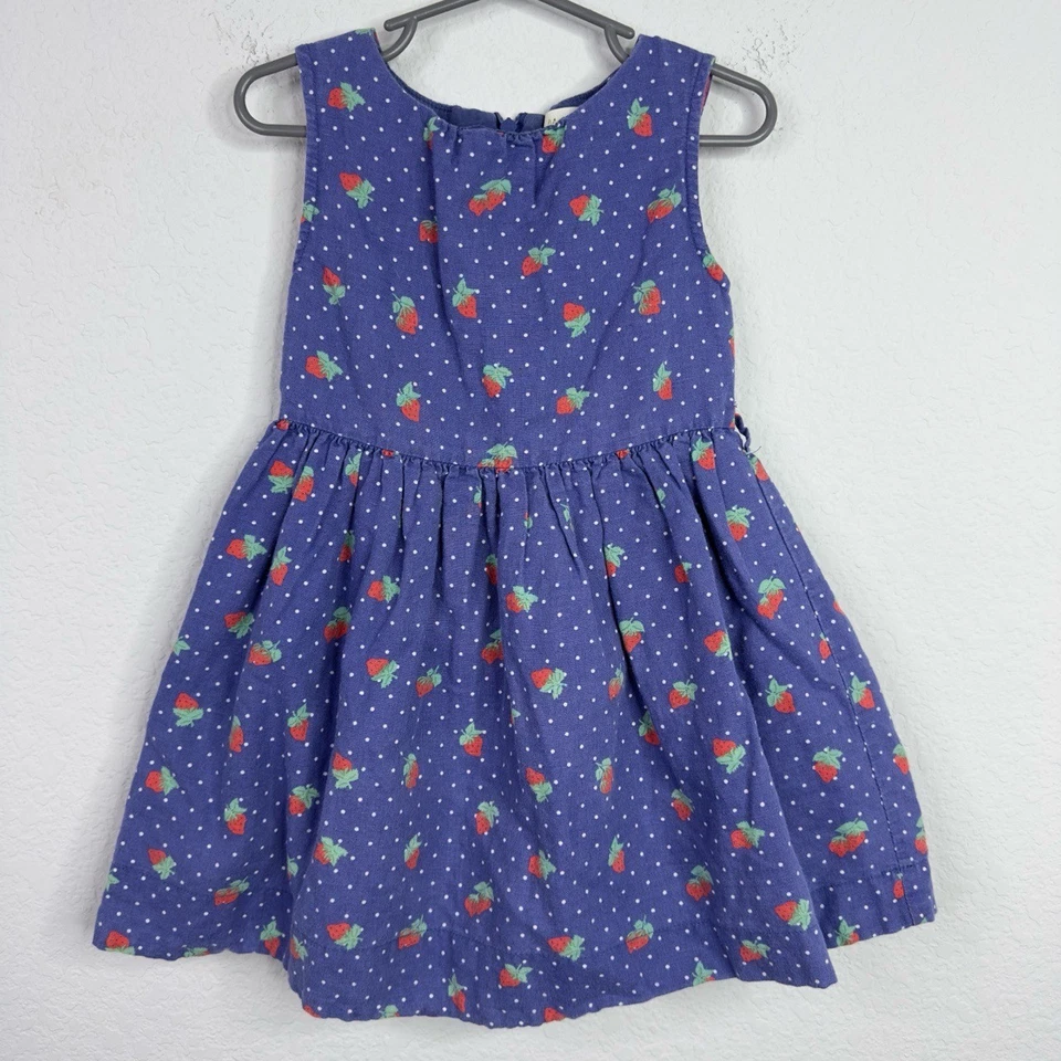 Mini Vestido Boden Meninas 3-4Y Mescla de Linho Azul Morango Bolinhas Pinafore - Imagem 1 de 4