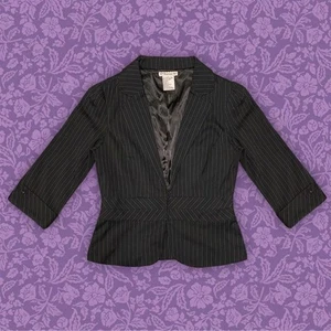 Vintage Forever 21 Black Cinched Hook Cropped Pinstriped Blazer | Size L - Picture 1 of 5