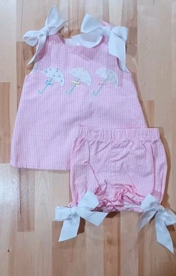 The Bailey Boys Outfit Girl Size 9 Months Pink Gingham Umbrellas Bows Spring - Image 1 of 4