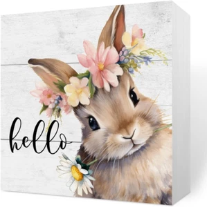 Rustic Spring Easter Decorations Bunny Rabbit Wreath Desk Decor Cute Hello Wood - Picture 1 of 12