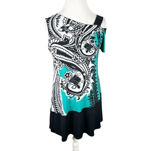 Eva Varro Teal & Black Paisley Print Tunic Top One Cold Shoulder Chic Art Size S - Picture 1 of 7