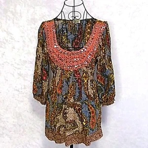 ONE WORLD Boho Tunic Top Womens S Lace Sequin Bohemian Oversized Gypsy Colorful - Picture 1 of 11