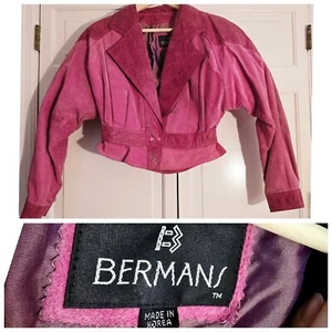 Vintage Bermans Leather Suede Cropped Bomber Jacket RARE Pink Batwing High Waist - Picture 1 of 13