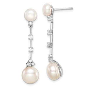 37mm Sterling Silver CZ Freshwater Cultured Button Pearl Dangle Post Earrings - Picture 1 of 4