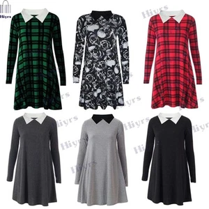 Ladies Peter Pan Womens Swing Dress Collar Long Sleeve HALLOWEEN Skater Dress - Picture 1 of 9
