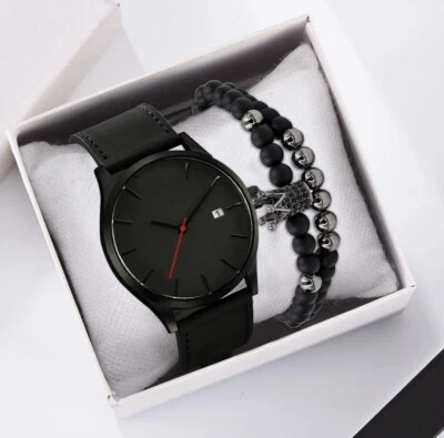 Mens Quartz Watch Hand Faux Leather Round Shape Date Display Bracelet Luxury Set - Image 1 of 3