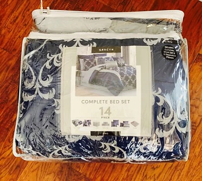 Gracyn 14pc Complete Bed Set King New Package Navy And Gray Luxury Pillow Soft - Image 1 of 4