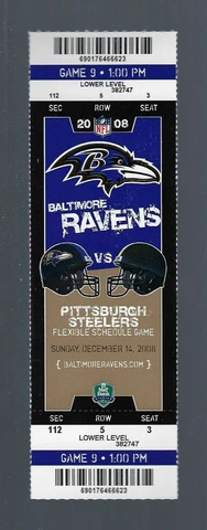BEN ROETHLISBERGER - 2008 NFL PITTSBURGH STEELERS @ BALTIMORE RAVENS FULL TICKET Cover