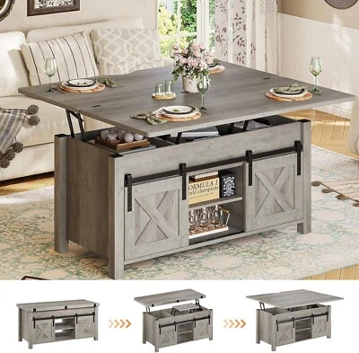Lift Top Coffee Table, Farmhouse Coffee Table Converts to Dining Table (Grey) - Image 1 of 4