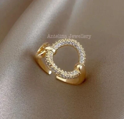 Anillo de punta ajustable de diamante simulado corte redondo para mujer enchapado en oro amarillo de 14 k Foto 1 de 4