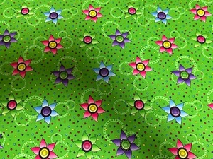 Colorful Flowers and Dots on green cotton Fabric per yd. quilt / sew - Picture 1 of 2