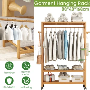 Heavy Duty Wooden Clothes Rail Rack Garment Stand Corner Open Wardrobe w/ Wheels - Picture 1 of 12