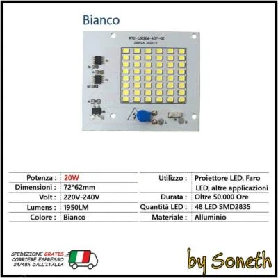SONETH PIASTRA CHIP LED CON DRIVER INTEGRATO RICAMBIO PER FARO FARETTO 20W BIANCO FREDD