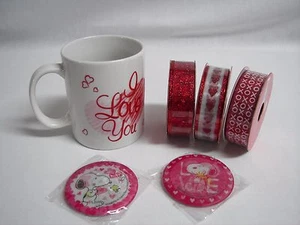 Hearts Red Lot of Ribbon, Peanuts Buttons, "I Love You" Mug FUN! - Picture 1 of 4
