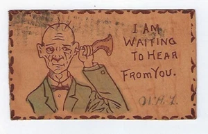 1907 Leather Postcard "I Am Waiting To Hear From You" Posted - Picture 1 of 2