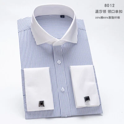 New Mens Dress Shirts French Cuff Formal Button Down Striped Business Shirts Top - Image 1 of 4