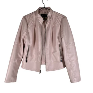 Giacca Womens Moto Jacket Pink Faux Leather Waist Length Full Zip Pockets S - Picture 1 of 8