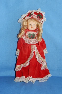Vintage Porcelain 8 1/2 Inch Christmas Doll Blonde Hair Red Dress w White Lace - image 1 of 4