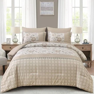  Comforter Set 7 Pieces Bed in a Bag Floral Geometric Patchwork Queen Beige — 第 1/4 张图片