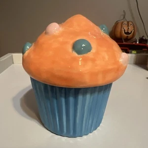 Bunt Blau Rosa Orange Cupcake Keramik Glas Schmuckschatulle mit Deckel Handbemalt - Bild 1 von 13